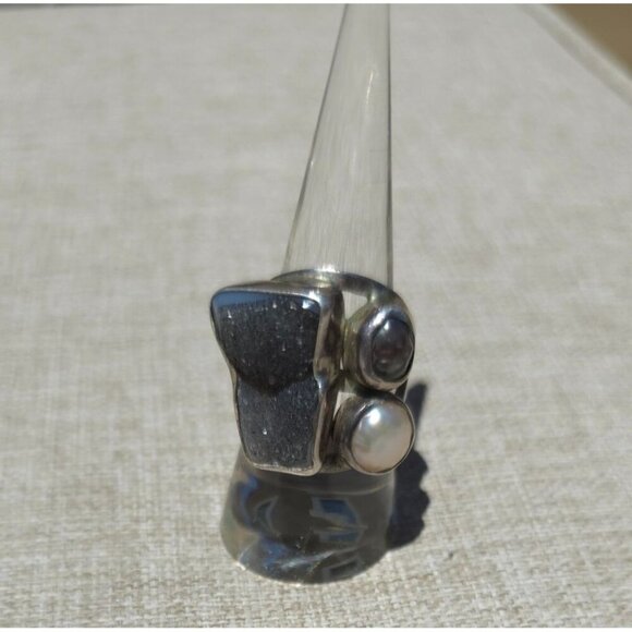 Vintage Brutalist 925 Silver Ring Black Druzy Quartz & Pearls Size 6-3/4 to 7 - Picture 3 of 16